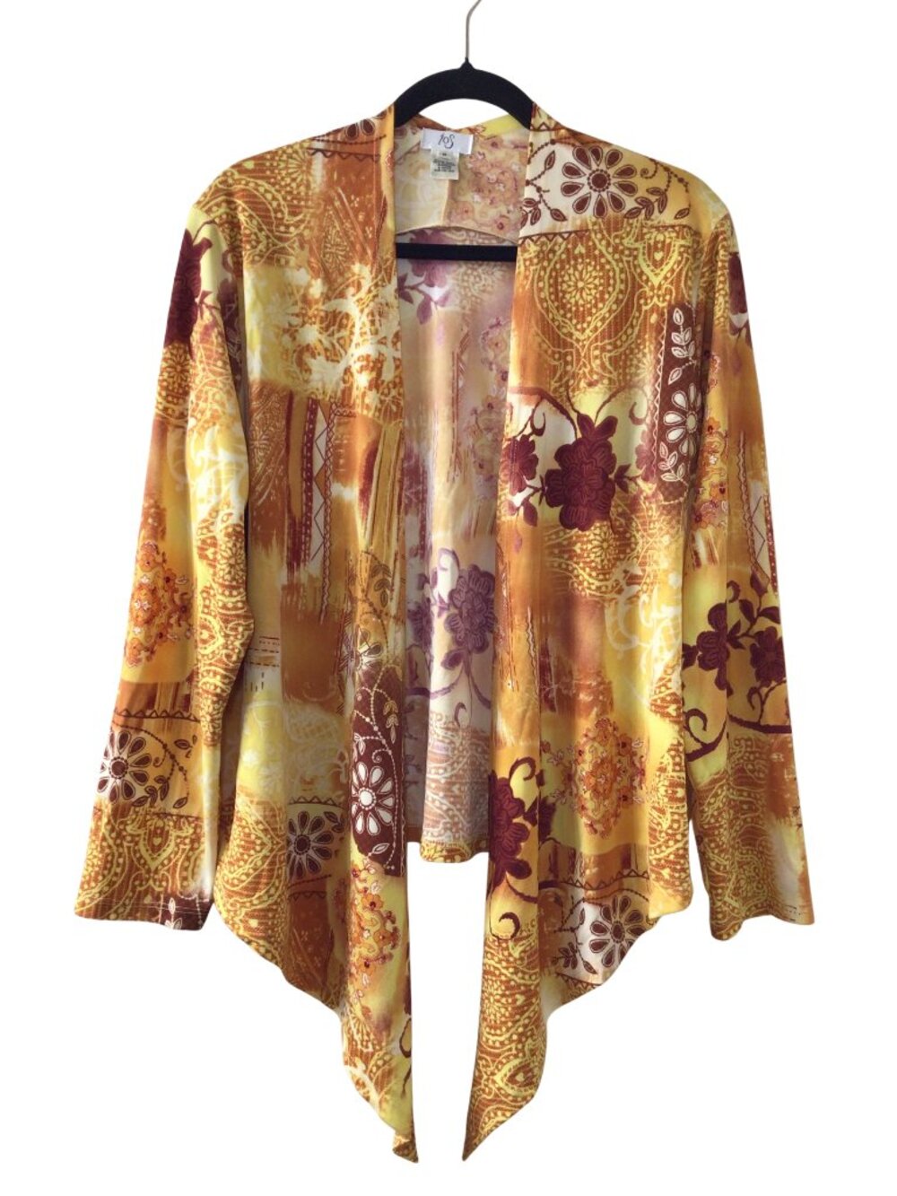 Ios Cardigan Women’s M Medium Yellow Floral Boho Paisley Draped Open Front